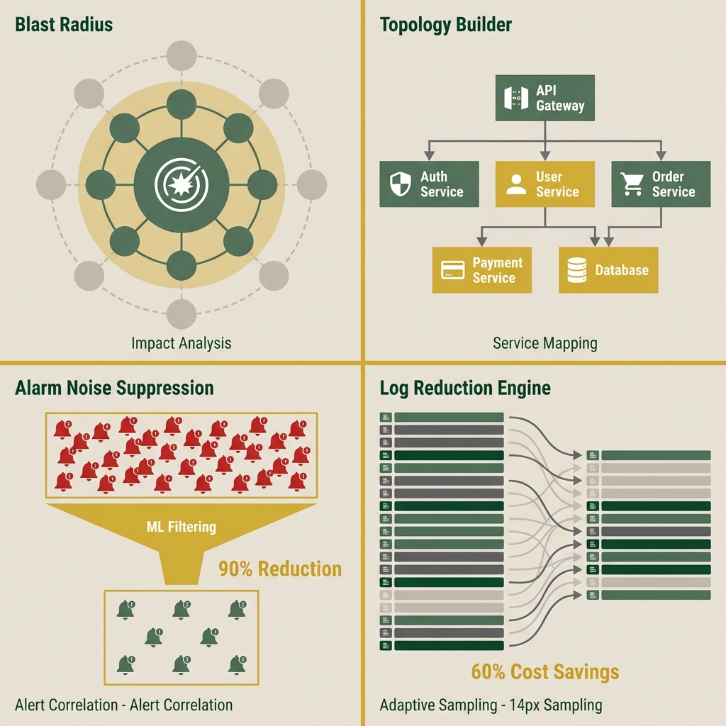 Four-quadrant visualization showing the four SquareShift accelerators: Blast Radius impact analysis network topology, Topology Builder service mapping, Alarm Noise Suppression funnel reducing 10K alerts to 1K, and Log Reduction Engine intelligent sampling pipeline