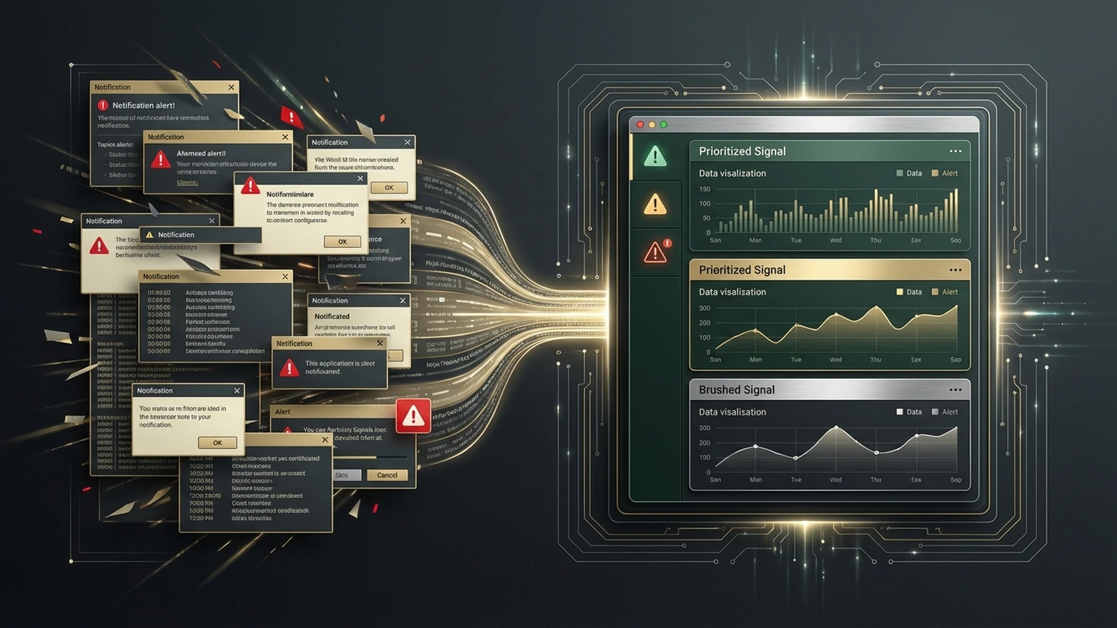 Split visualization showing 500 chaotic alerts on the left transforming into 47 prioritized incident signals on the right, with one real incident highlighted in gold