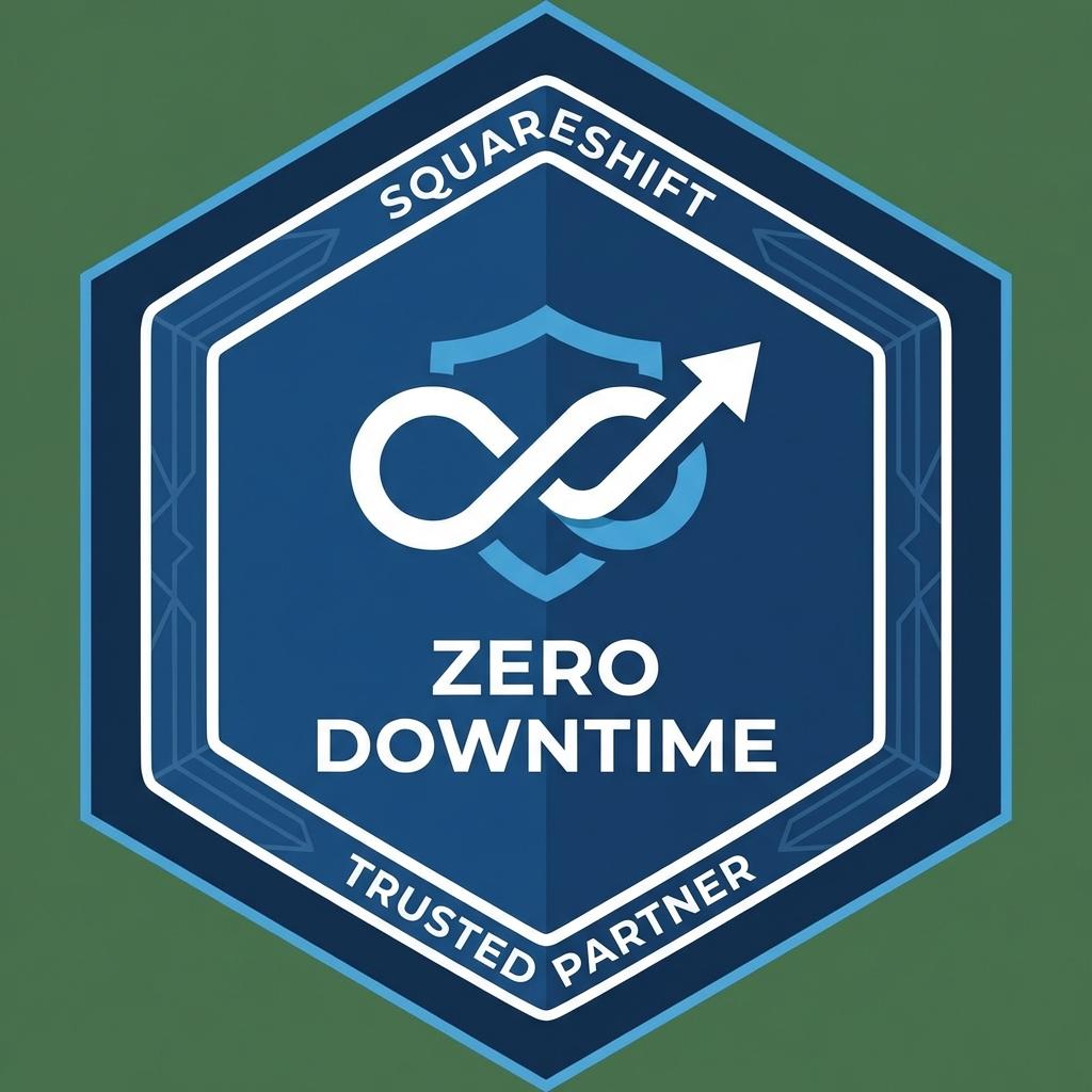 Zero-Downtime Guarantee badge with shield icon