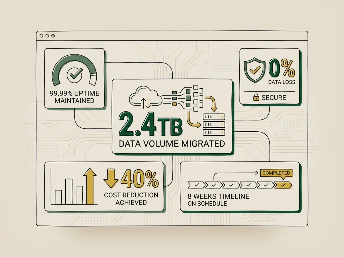 Case study dashboard showing 2.4TB migration metrics: 99.99% uptime maintained, 0% data loss, 40% cost reduction, 8-week timeline completion