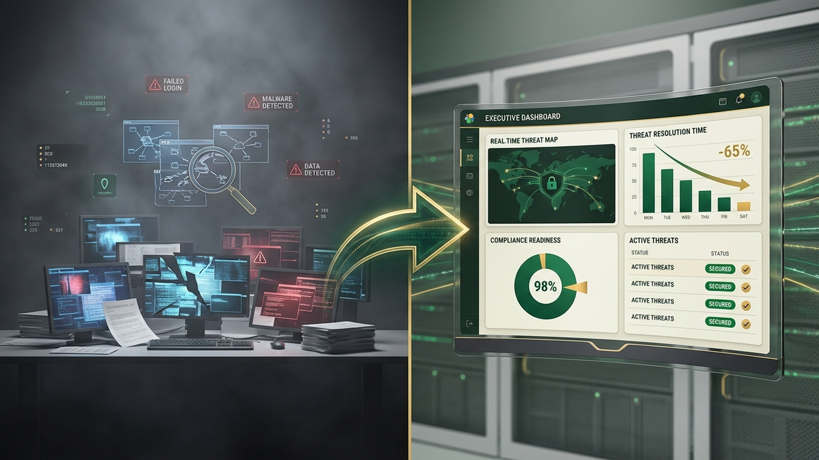Abstract security visualization showing layered compliance architecture with shield icons and audit checkpoints in muted green and amber tones