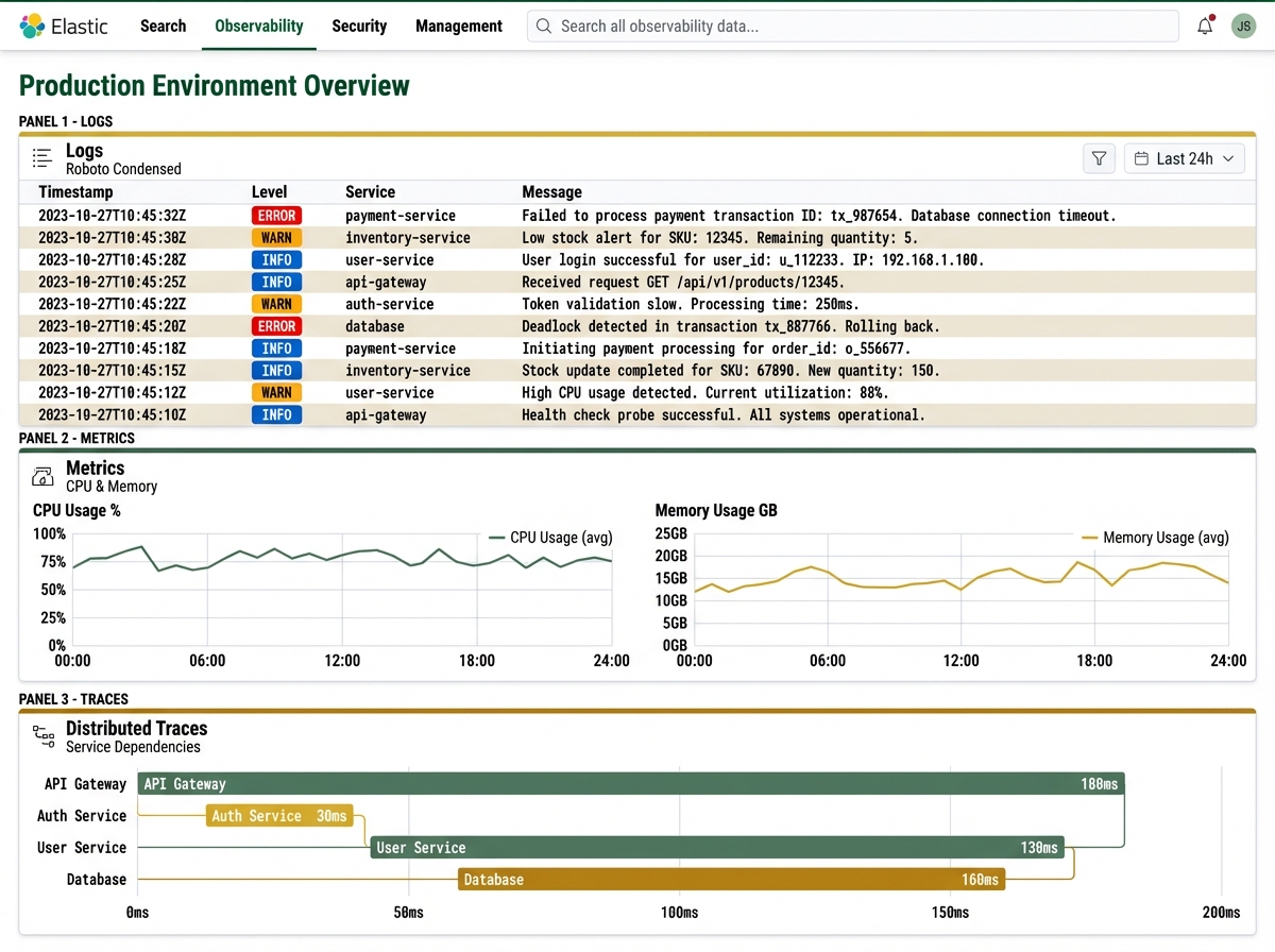 Unified Elasticsearch observability dashboard screenshot showing three panels: centralized log management with color-coded severity levels, metrics visualization with CPU and memory charts, and distributed tracing waterfall with service dependencies