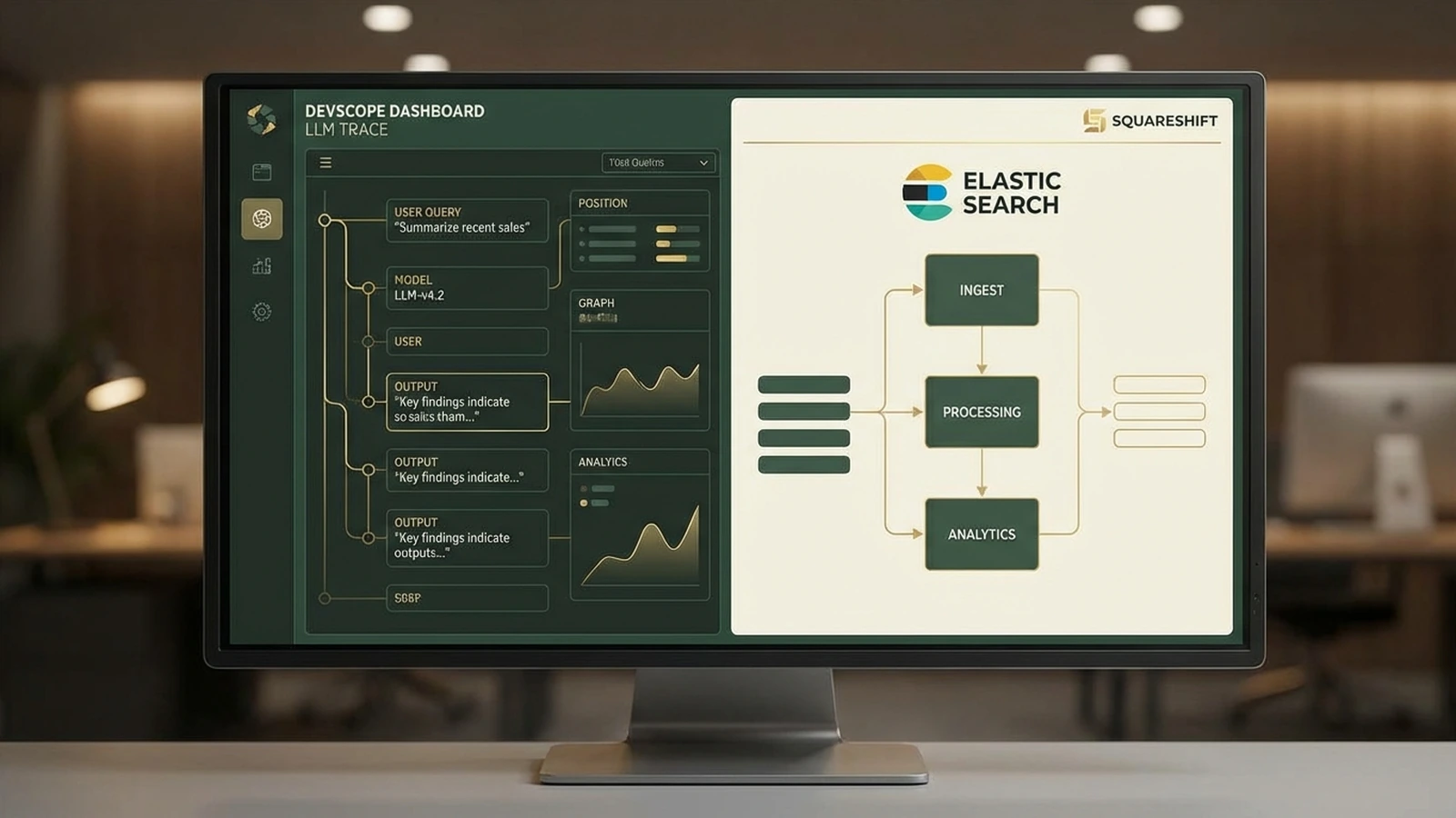 SquareShift Compass dashboard showing detailed LLM trace with OpenAI API request, cost analysis, latency metrics, and token usage