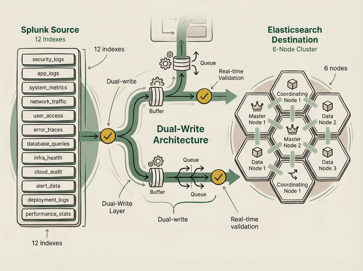 Migration architecture diagram showing Splunk 12-index source, dual-write integration strategy, and Elasticsearch 6-node cluster destination with real-time validation checkpoints